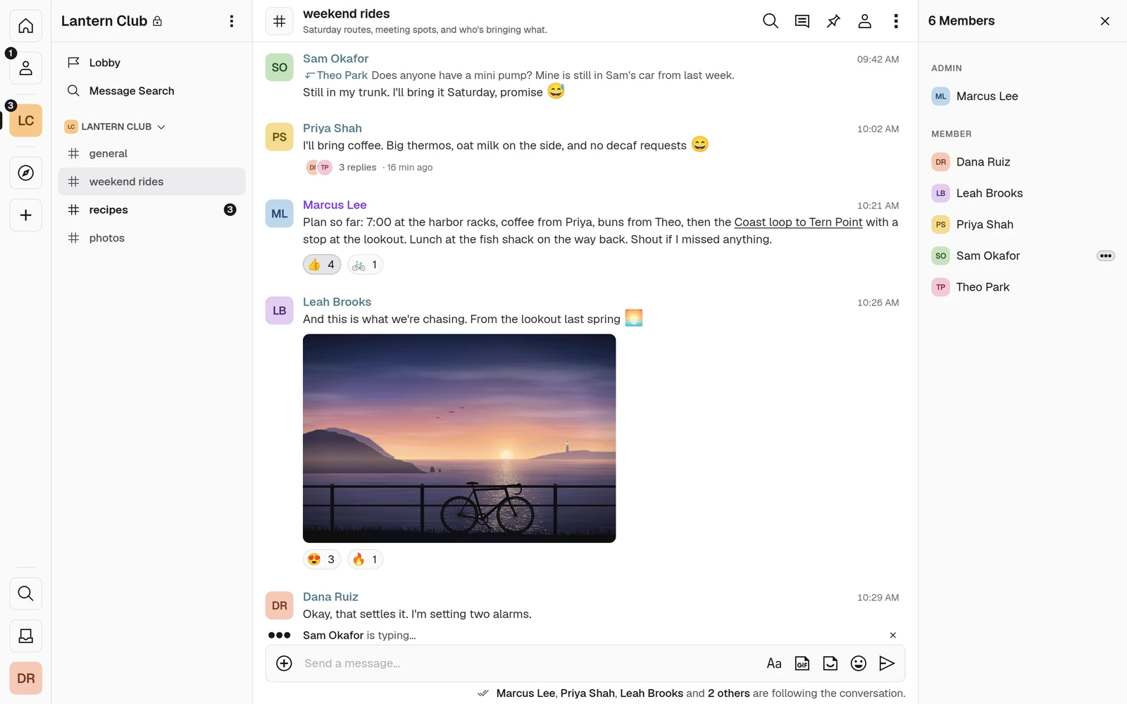 Ectochat open on a small group’s room, planning a Saturday morning ride, with a shared sunrise photo